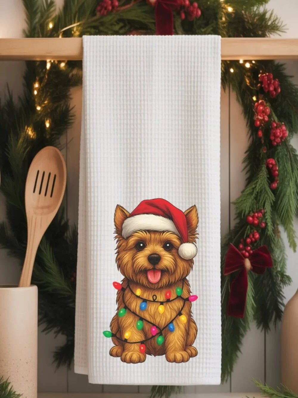 Norwich Terrier Christmas Lights Decorative Kitchen Tea Towel